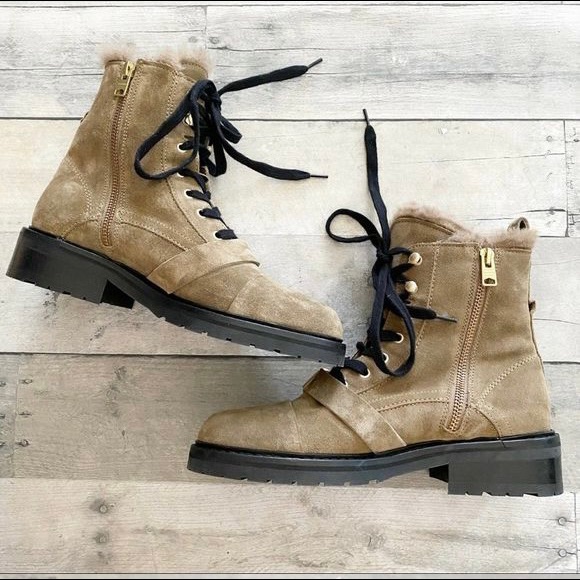 All Saints Donita Combat Boot Genuine Shearling Trim In Dark Sand Suede Size 36